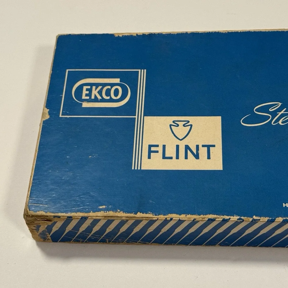 Ekco Flint Steakster Set 7 Steak Knives Stainless Vanadium Wood Holder Orig Box